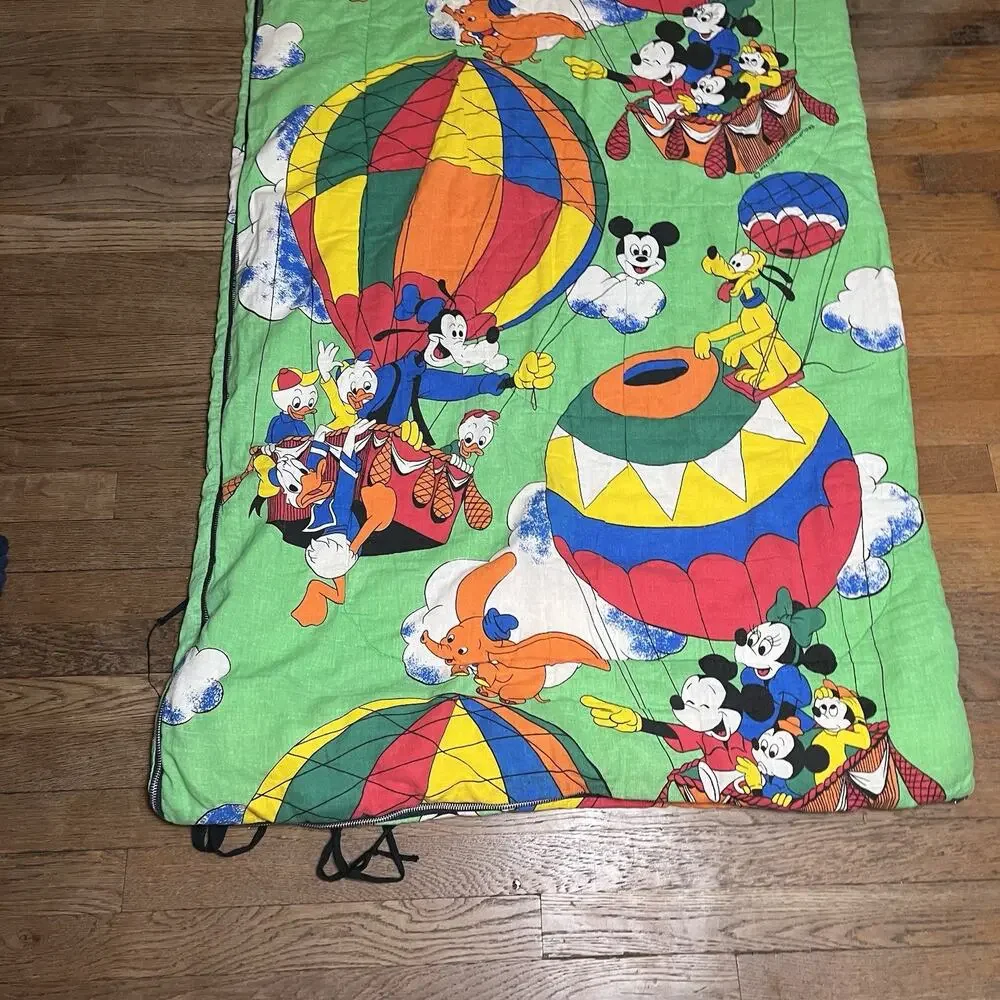 Vintage Disney Sleeping Bag Mickey Minnie Mouse Goofy Hot Air Balloon 32x60
